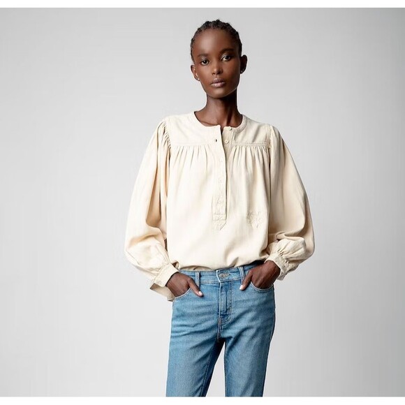 Zadig & Voltaire Tigy Cotton Twill Blouse Top Embroidered Long Sleeve M 274986 - Picture 1 of 7